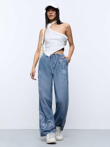 The Souled Store Pull-On Denim: Sunshine Women and Girls Drawstring Waist Blue Light Wash Cotton Straight Fit Embroidered Motif Lightweight Everyday Casual Denim Jeans