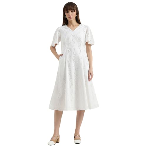 United Colors of Benetton Regular Fit V-Neck Schiffli Embroidered Dress (Size : S) - 26P4WVNDRS83I101 White