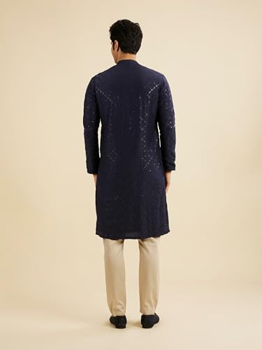 Manyavar Men's Art Silk Sequin Work Kurta Pyjama Set (Dark Blue,XL)
