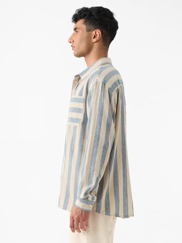 The Souled Store Cotton Linen Stripes: Coastal Men and Boys Long Sleeves Collared Neck Button Front Regular Fit Cotton Linen Shirts