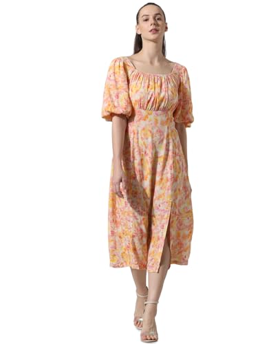 ONLY Women Printed Viscose Yellow Midi Dress