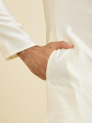 Manyavar Men's Art Silk Self-Textured Kurta Pyjama Set(Cream,XXL)