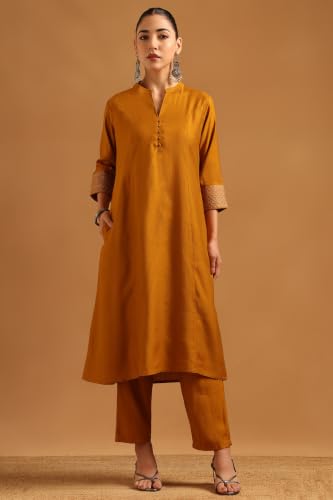 Soch Womens Mustard Silk Blend Botanical Pattern Zari Embroidery Salwar Suit