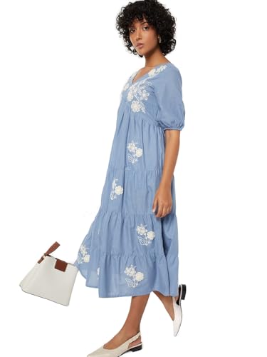 Max Women Embroidered Tiered Dress (Blue_S)
