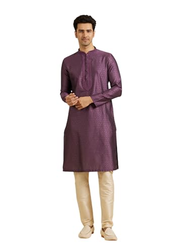 Manyavar Men's Viscose Blend Embroidered Neckline Kurta Pyjama Set (Purple,2XL)