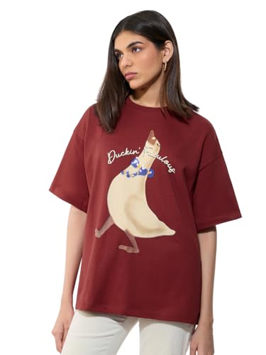 The Souled Store Fabulous Women and Girls Short Sleeves Round Neck Maroon Graphic Printed Cotton Oversized Breathable Lightweight Oversized T-Shirt