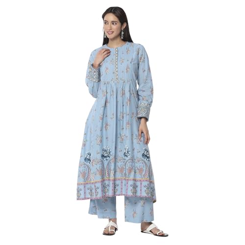 Biba Women Dull Blue Cotton Flared Printed Kurta Set_44
