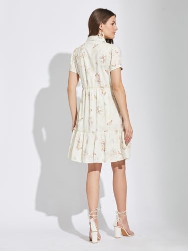 Latin Quarters Women White Collar Neck Half Sleeves Printed Above Knee Shirt Dress for Casual Wear_M