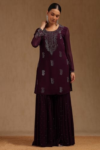 Soch Womens Wine Georgette Suit Set With Mukaish Work