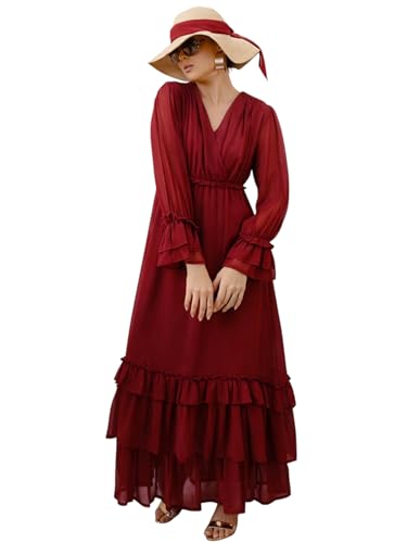 Sassafras Women Maroon V-Neck Flared Maxi Dress-S