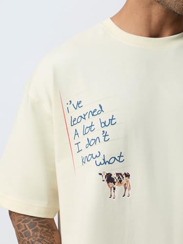 The Souled Store Learned A Lot Men and Boys Short Sleeves Round Neck Off White Graphic Printed Casual Lightweight Drop Shoulder Streetwear Trendy Oversized T-Shirt
