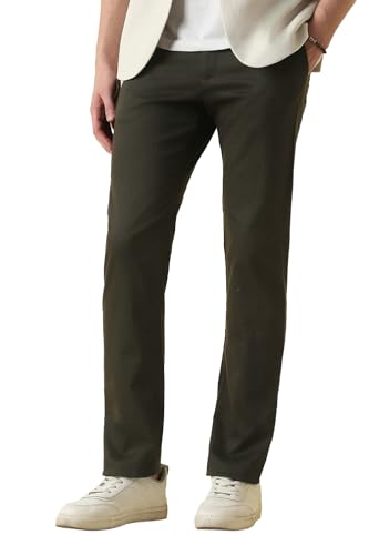 Men Dark Olive Solid Casual Trousers