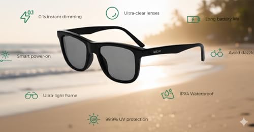 Aeoss Wicue E-Touch Instant Dimming Sunglasses with 5-Level Slide-to-Dim Brightness Control | Polarized Photochromic Lens UV Protection & Magnetic Charging | Stylish Black Frame for Men & Women