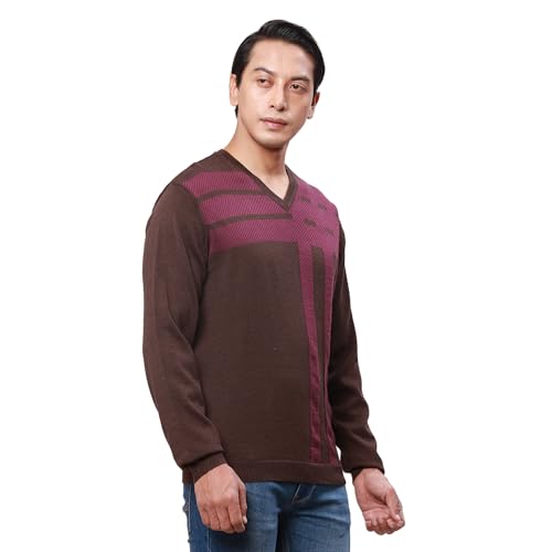 Park Avenue Men's Regular Fit Acrylic Wool Blend Full Sleeve V Neck Checks Pattern Dark Brown Casual Sweater (Size: S)-PCWA00267-O8