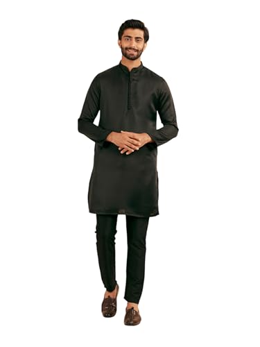 Manyavar Men's Satin Solid Kurta Pyjama Set (Black,XXXL)