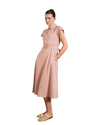 FableStreet Women Dress Workwear | Fit & Flare Shirt Collar Cap Sleeve Solid Shirt Dress | Smooth Stretchable Fabric with Belt & Pockets for Work Pink