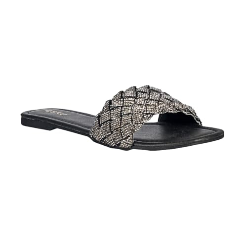 eske Trudy Embellished Woven Strap Slip-On Sandals | Flat Glitter Slides with Comfortable Leather Insole | Textured TPR Sole | Everyday Ethnic & Casual Footwear for Women & Girls (Pewter, UK Footwear Size System, Adult, Women, Numeric, Medium, 4)