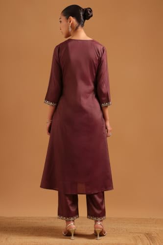 Soch Womens Wine Viscose Blend Embroidered Zari Embroidery Kurta Set