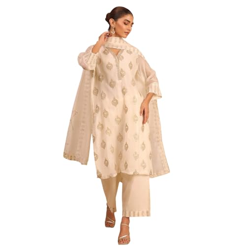 Biba Women's Chanderi Kurta Set (SKDMETWEV30281AW25OWHT_Off White
