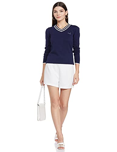 Puma Women's' Cotton V-Neck Sweater (56835502_Medieval White-Vapor Blue_S)