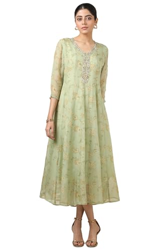 Soch Womens Green Organza Botanical Print Dress with Thread Work