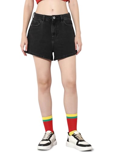 ONLY Women's Solid Loose Fit Mid-Rise Black Shorts
