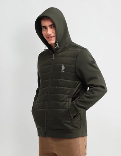 U.S. Polo Assn. Denim Co. Men's Green Solid Hooded Long Sleeve Casual Polyester Regular Fit Quilted Jacket (UDJCK1408_Green_L)