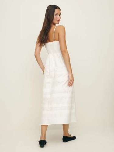 Tomber Amoureux Women’s XS Fitted Midi | White Cotton Fabric | V-Neck | Solid Sleeveless Design