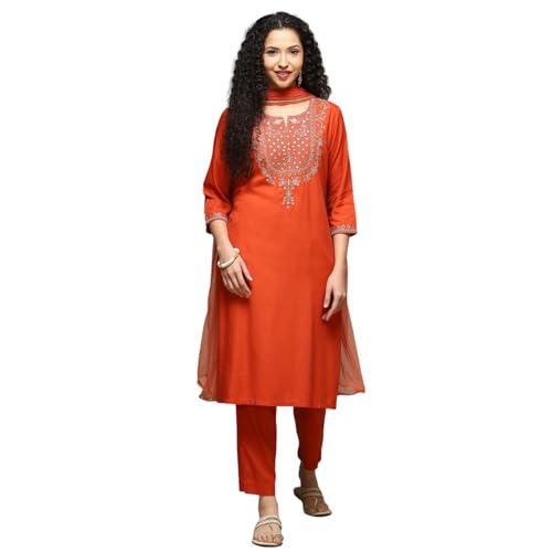 BIBA Women's Burnt Orange Rayon Straight Kurta Pants Suit Set_42
