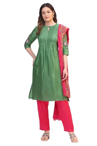 W for Woman Forest Gren Solid Floral Embroidered Shantung Kurta, Pants and Dupatta Set (Size:2XL)-WS19722
