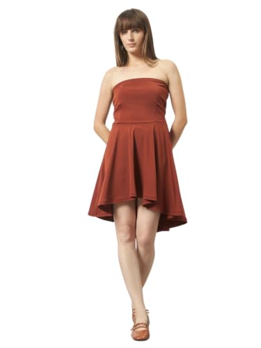 Trend Arrest.ed Women’s Strapless High-Low Dress with Smocked Back | Stretchable Bodycon Fit Short Party Dress (Rust, XL)