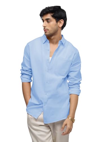 The Souled Store Cotton Linen: Cerulean Sky Men and Boys Long Sleeves Collared Neck Button Front Solid Regular Fit Cotton Linen Shirts