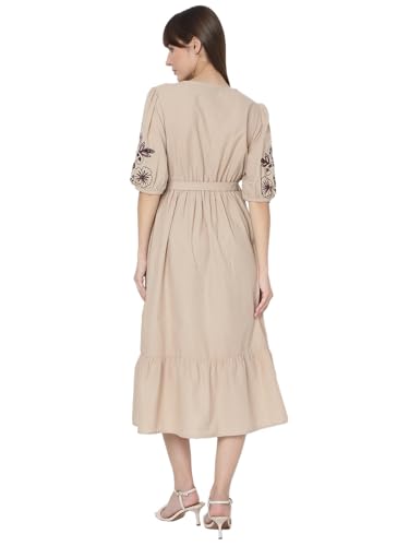 Vero Moda Women's Cotton Blend Fit and Flare Midi Dress (9013710- Beige