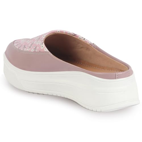 FAUSTO FST FJDWC-7020 PEACH-38 Women's Peach Stiched Floral Print Back Open Height Enhancer Flatform Heel Slip On Casual Shoes (5 UK)