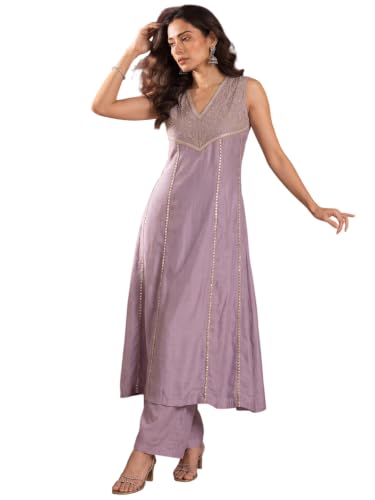 Varanga Women Lavender Kurta Set V Neck Sleeveless Silk Georgette