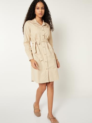 Max Women Solid Shirt Midi Dress (Beige_M)