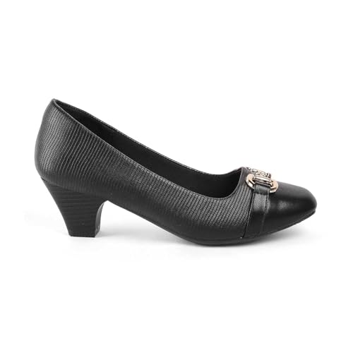 tresmode NOVA Women's Heels Pumps Sandals Pumps Leather Black, 7 UK / 40 EU - Round Toe Ladies Footwear Soft Comfortable Sandals