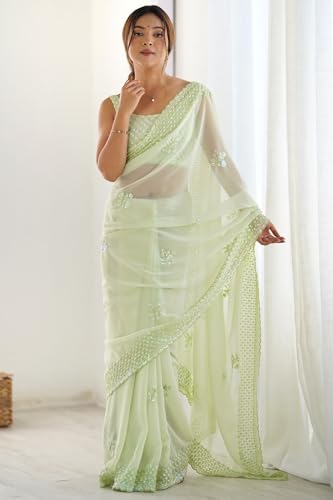 SGF11 Women's Georgette Silk and Sequence Work Saree With Unstiched Blouse Piece (Light Green)