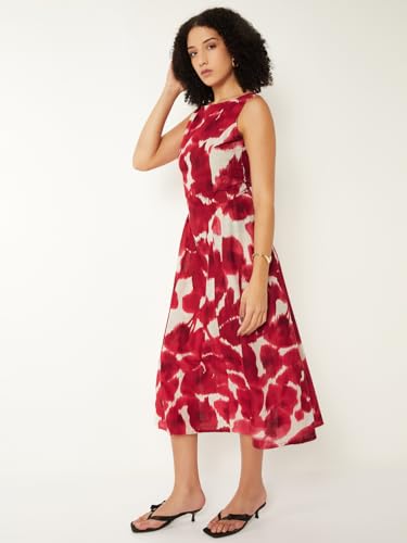 Max Women Printed A-line Midi Dress (White_L)