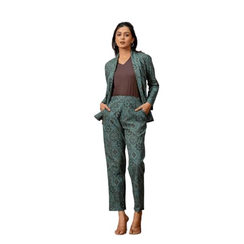 VIVIKA Cotton Blazer Co-ord Set for Women | 3 Piece Formal Outfit with Blazer Top Pants | Stylish Western Clothing Set for Office Party and Smart Wear_Pastel Blue_M