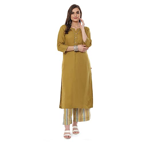 BIBA WOMEN SOLID STRAIGHT SALWAR KURTA DUPATTA(SKDLINEN7894_OLIVE GREEN_34)