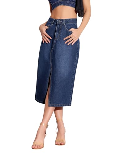 Miss Chase Women's Dark A-Line High-Rise Non-Stretchable Denim Midi Skirt (MCAW24DEN79-29-576-32, Gentian Blue, 32)
