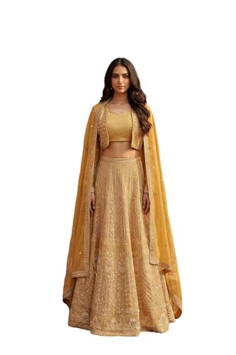 Aurelia Women's Yellow Sequins Georgette Blouse and Skirt set with Dupatta and Jacket - (AD10774-E609524-L)