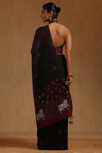 Soch Womens Black Chanderi Woven Design Saree