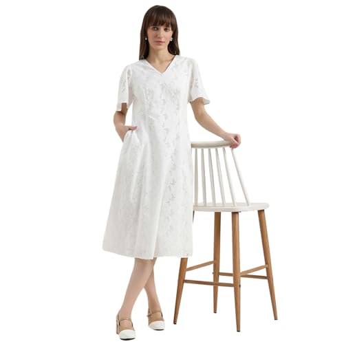 United Colors of Benetton Regular Fit V-Neck Schiffli Embroidered Dress (Size : EL) - 26P4WVNDRS83I101 White