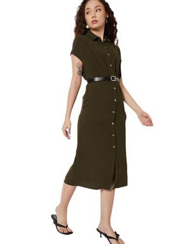 Max Women Solid Shirt Dress with Belt (Green_XXL)