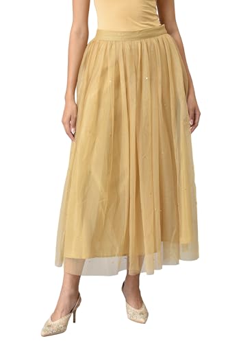 W for Woman Gold Solid Sequined Flared Mesh Skirt (W50471-218220-S)