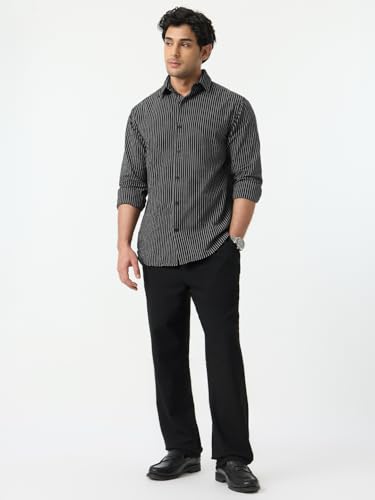 The Souled Store Cotton Linen Stripes: Greyscale Men and Boys Long Sleeve Spread Collar Black and White Striped Cotton Linen Lightweight Easy to Style Everyday Office Wear Casual Relaxed Shirt