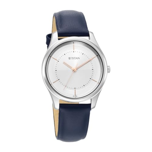 Titan Plain 3 Hands Work Wear Silver White Round Dial Blue Ceramic Leather Strap Womens Watch - NR2639SL07