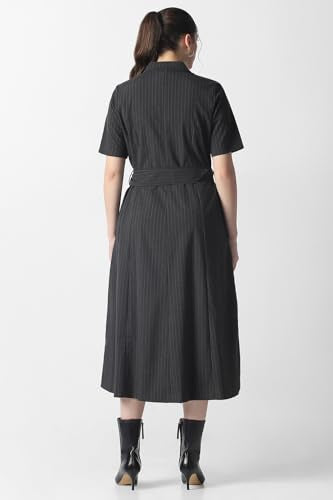 Women Black Stripe Calf-Length Formal Dress